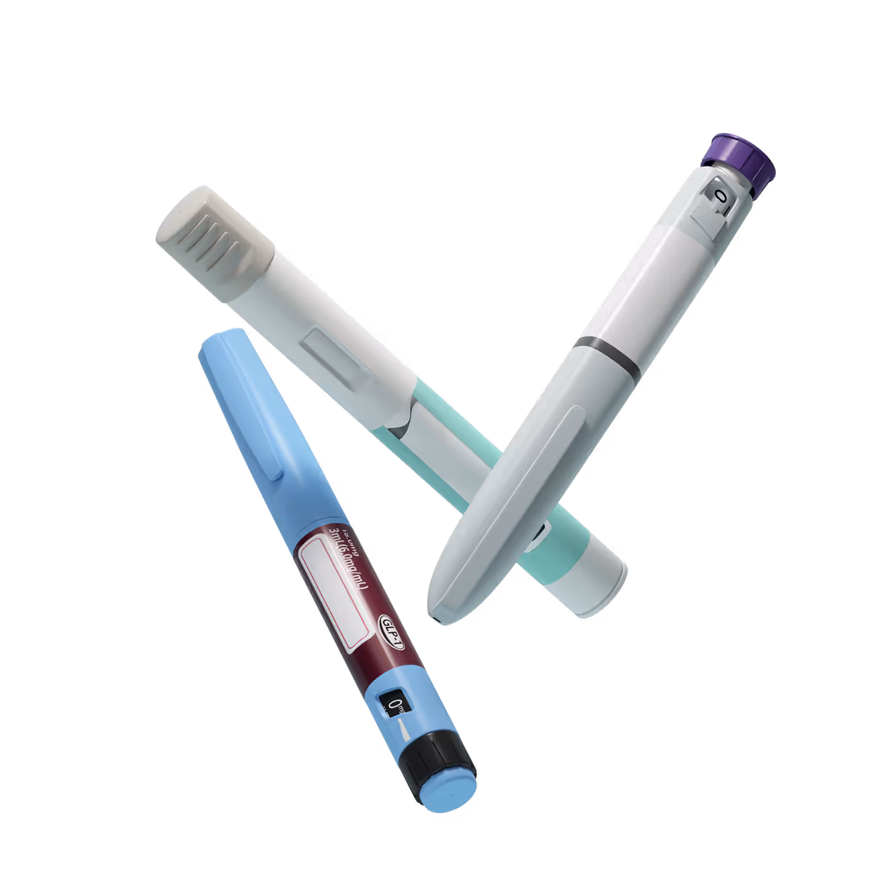 Three medical injection pens in different colors and designs, arranged in a triangular pattern.