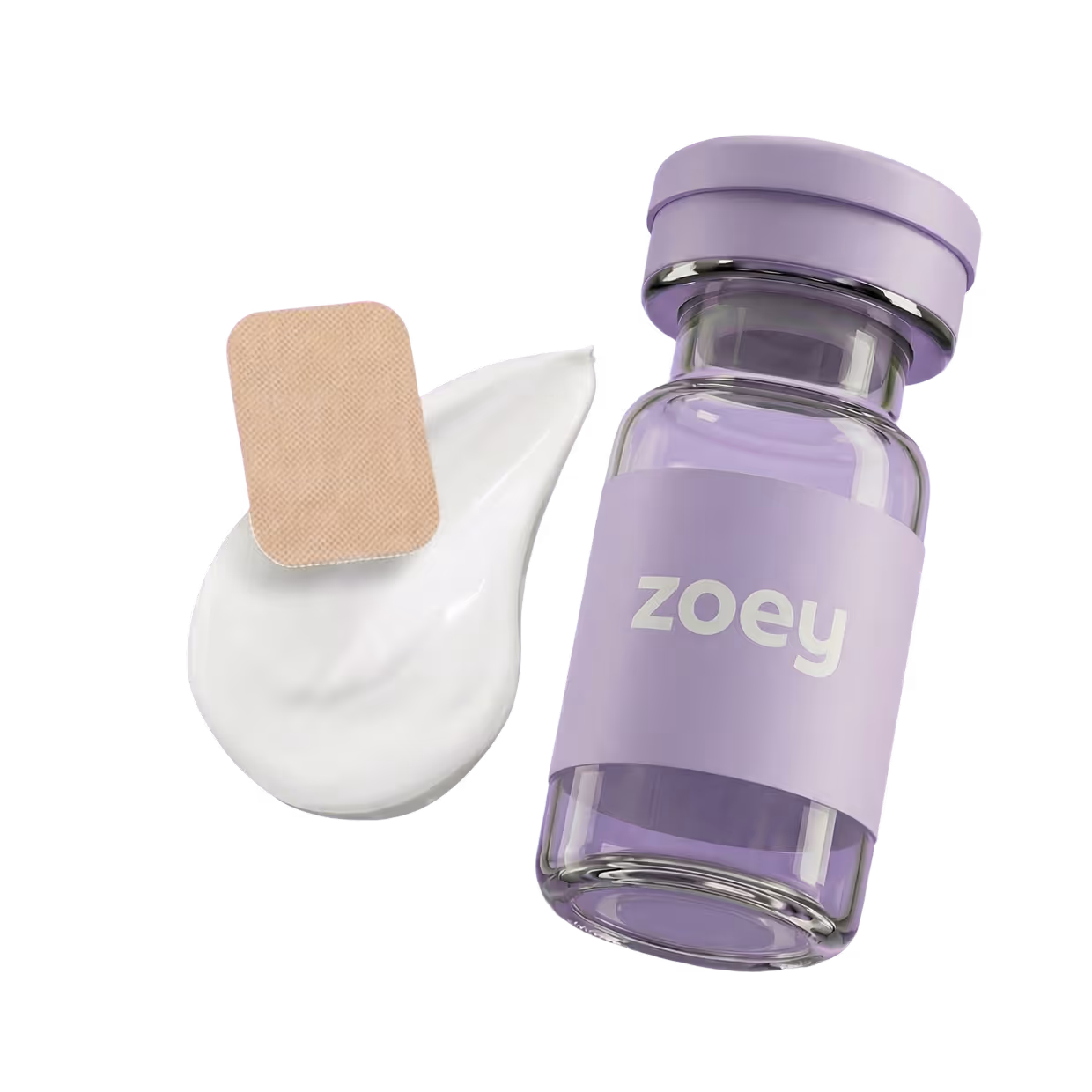 Small glass medicine vial labeled 'zoey' with a lavender cap, next to a beige adhesive patch on white cream.